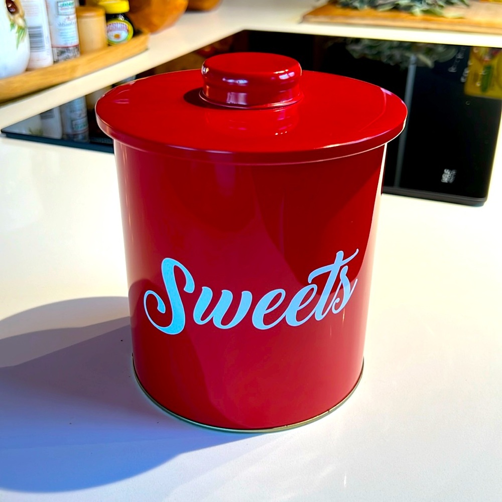 Red Tin “Sweets” Storage Container.